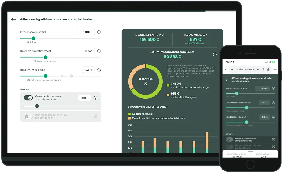 Aperçu du simulateur d'investissement Telamon sur tablette et smartphone