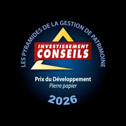 Logo « Les Pyramides de la Gestion de Patrimoine 2026 », Prix du Développement Pierre Papier